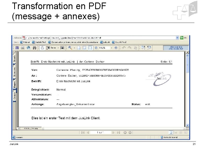Transformation en PDF (message + annexes) Jus. Link 21 