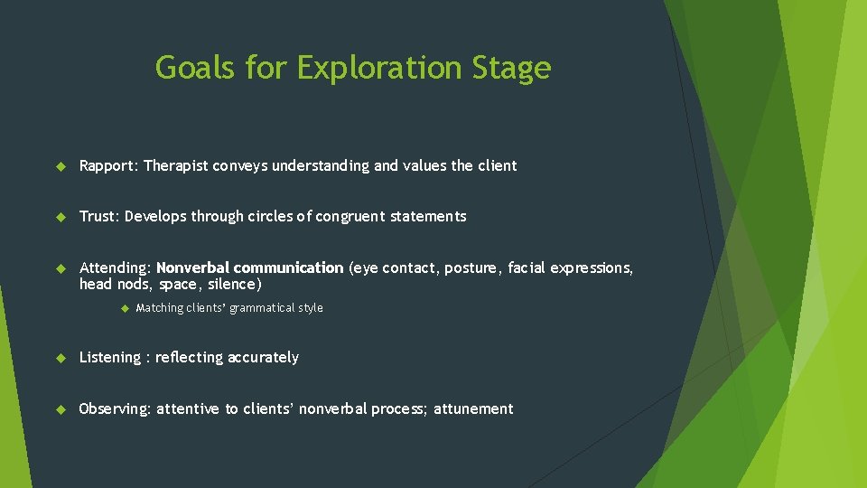 Goals for Exploration Stage Rapport: Therapist conveys understanding and values the client Trust: Develops