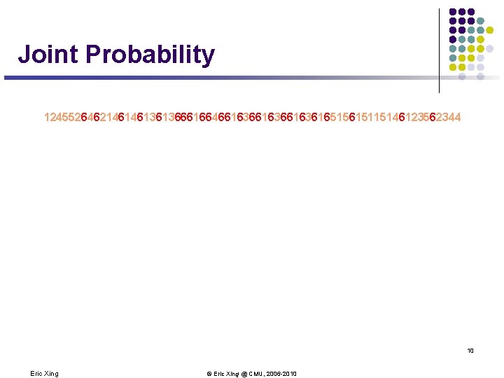 Joint Probability 12455264621461461361366616646616366163616515615115146123562344 10 Eric Xing © Eric Xing @ CMU, 2006 -2010 