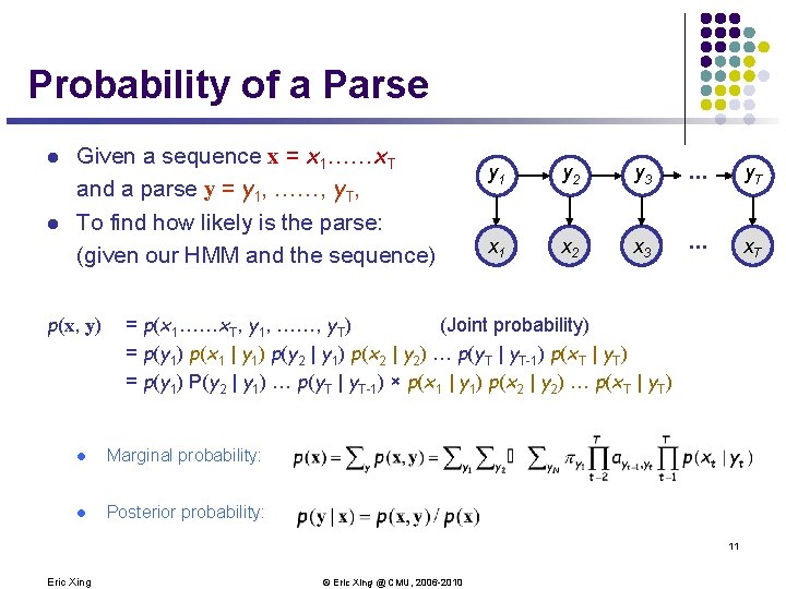 Probability of a Parse l l Given a sequence x = x 1……x. T