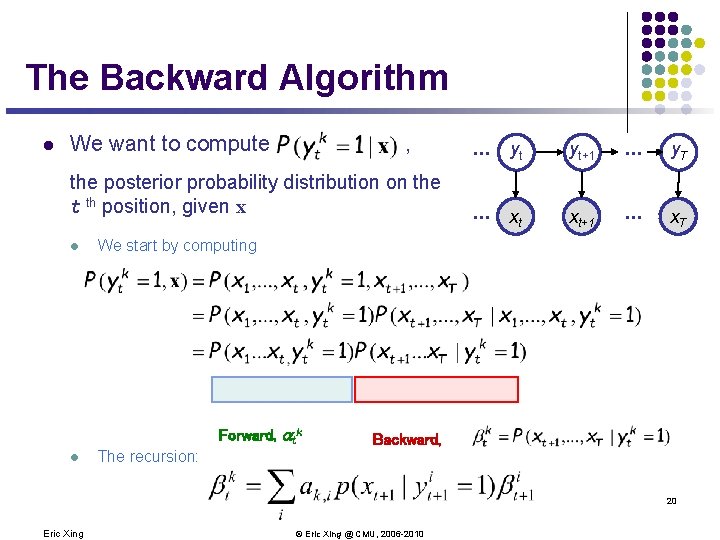 The Backward Algorithm l We want to compute , the posterior probability distribution on
