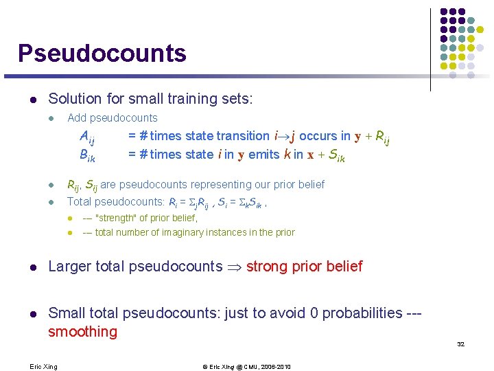 Pseudocounts l Solution for small training sets: l Add pseudocounts Aij Bik = #