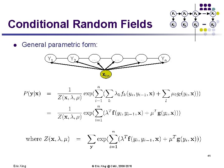 Conditional Random Fields l General parametric form: Y 1 Y 2 … … …