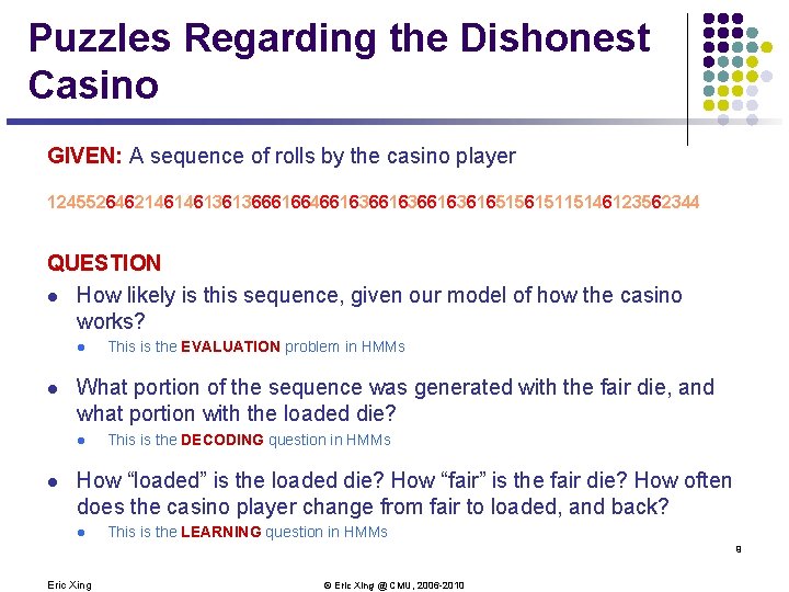 Puzzles Regarding the Dishonest Casino GIVEN: A sequence of rolls by the casino player