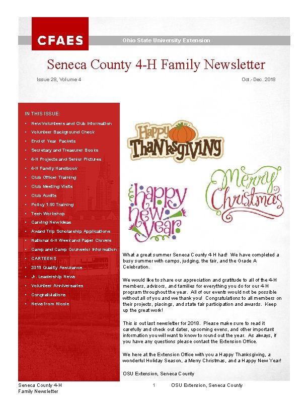 Ohio State University Extension Seneca County 4 -H Family Newsletter Issue 28, Volume 4