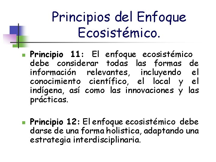 Principios del Enfoque Ecosistémico. n n Principio 11: El enfoque ecosistémico debe considerar todas