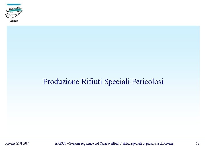 Produzione Rifiuti Speciali Pericolosi Firenze 21/11/07 ARPAT – Sezione regionale del Catasto rifiuti: I