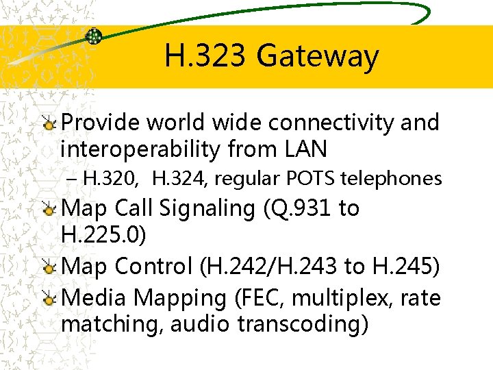 H. 323 Gateway Provide world wide connectivity and interoperability from LAN – H. 320,