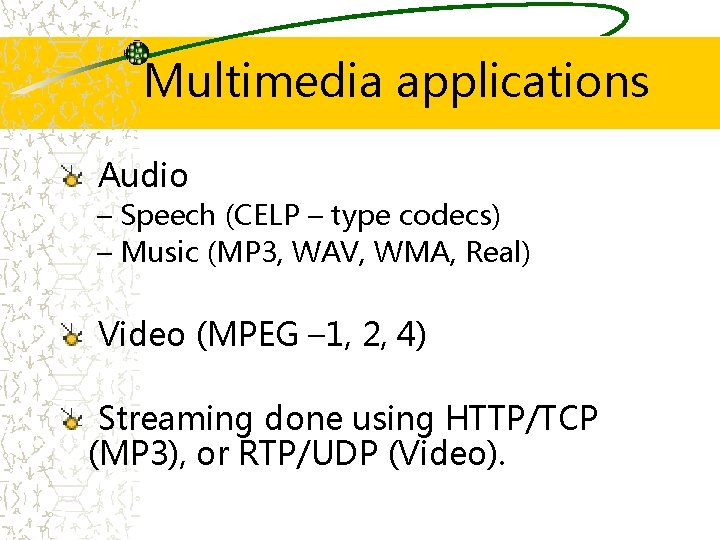 Multimedia applications Audio – Speech (CELP – type codecs) – Music (MP 3, WAV,