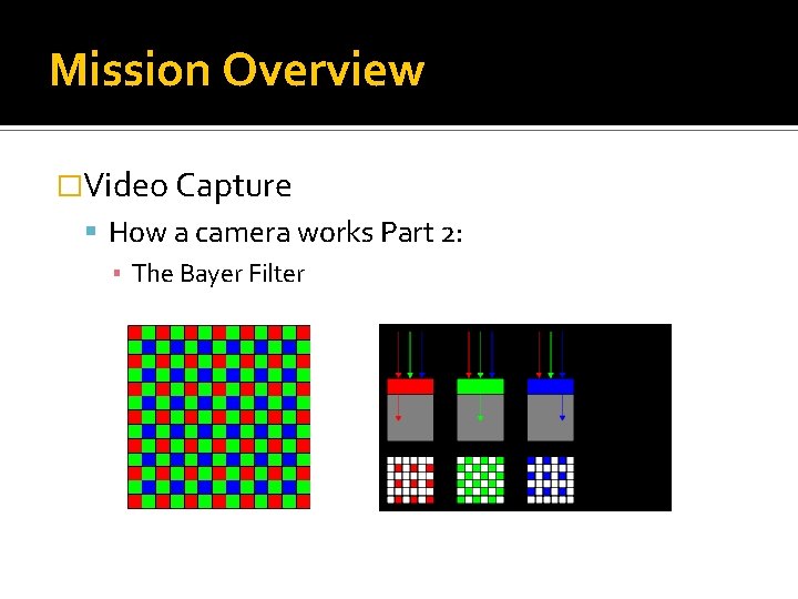 Mission Overview �Video Capture How a camera works Part 2: ▪ The Bayer Filter