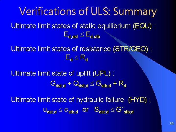 Verifications of ULS: Summary Ultimate limit states of static equilibrium (EQU) : Ed, dst