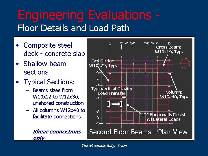 Engineering Evaluations Floor Details and Load Path • Composite steel deck - concrete slab
