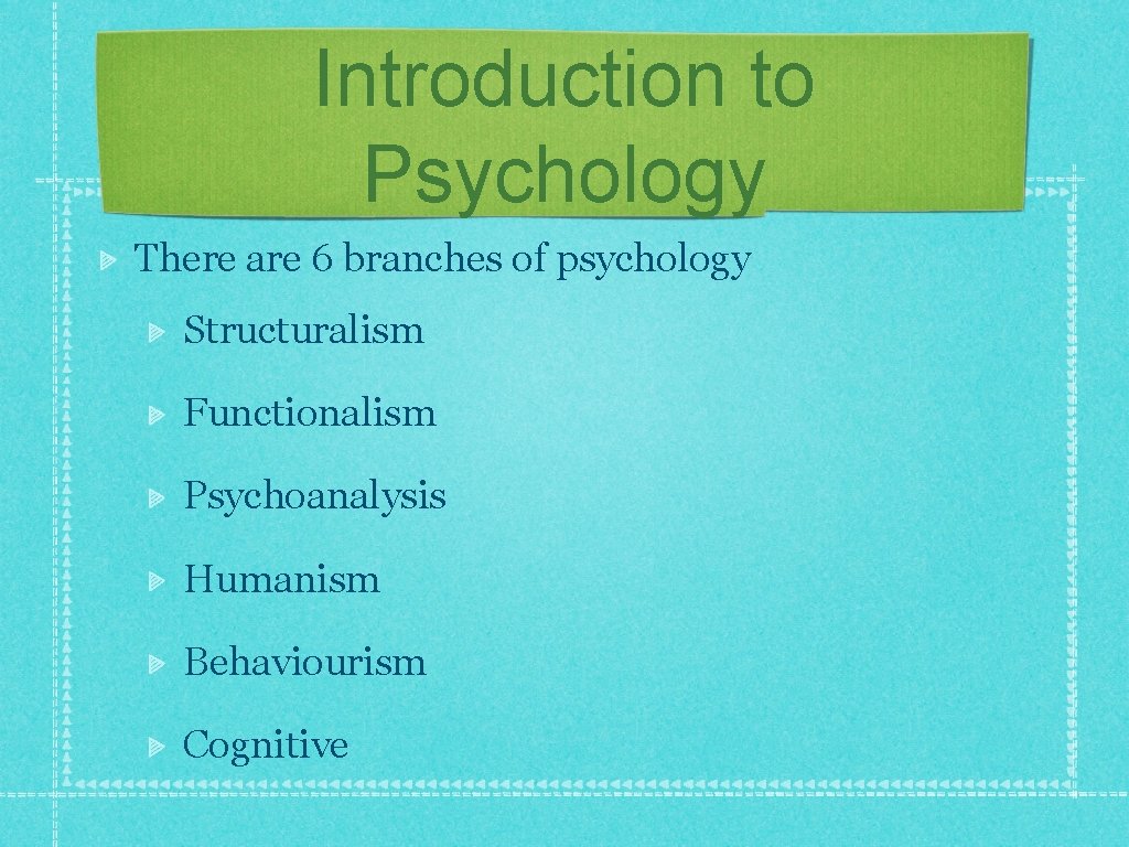 Introduction to Psychology There are 6 branches of psychology Structuralism Functionalism Psychoanalysis Humanism Behaviourism