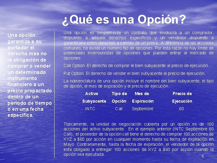 ¿Qué es una Opción? Una opción garantiza a su portador el derecho mas no