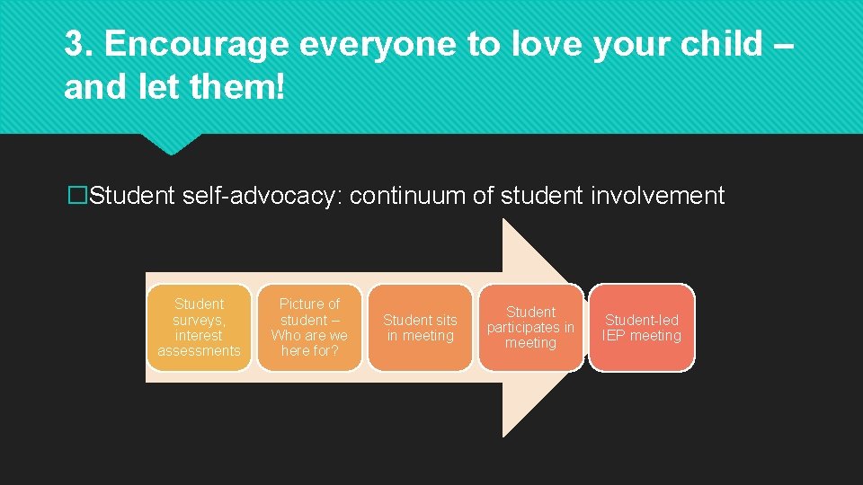 3. Encourage everyone to love your child – and let them! �Student self-advocacy: continuum