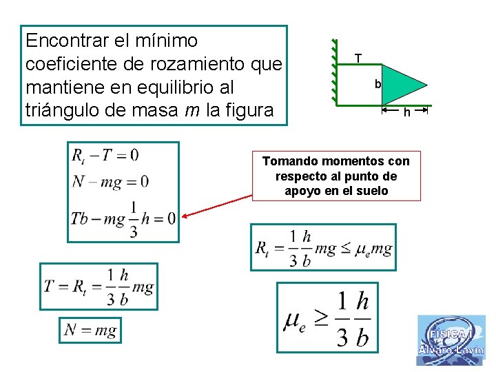 Encontrar el mínimo coeficiente de rozamiento que mantiene en equilibrio al triángulo de masa