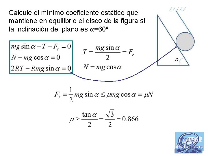Calcule el mínimo coeficiente estático que mantiene en equilibrio el disco de la figura