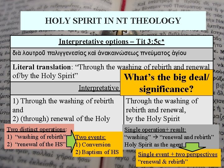 HOLY SPIRIT IN NT THEOLOGY Interpretative options – Tit 3: 5 c* διὰ λουτροῦ