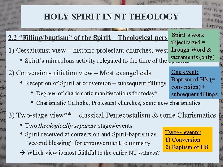 HOLY SPIRIT IN NT THEOLOGY Spirit’s work 2. 2 “Filling/baptism” of the Spirit –