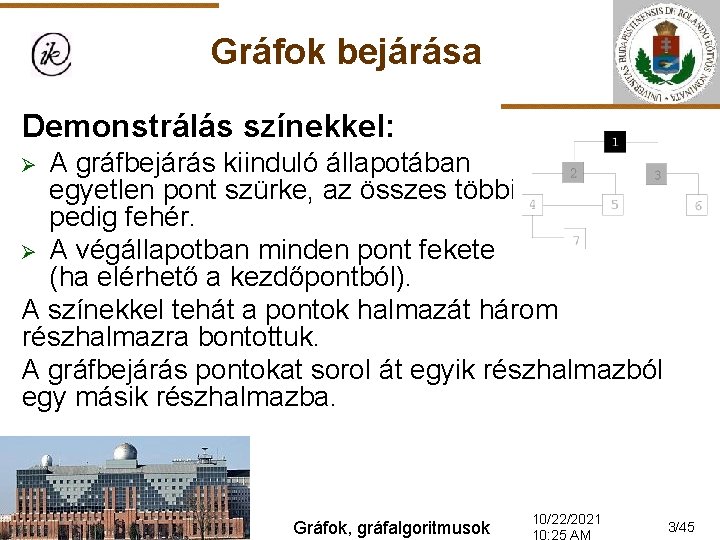 Gráfok bejárása Demonstrálás színekkel: A gráfbejárás kiinduló állapotában egyetlen pont szürke, az összes többi