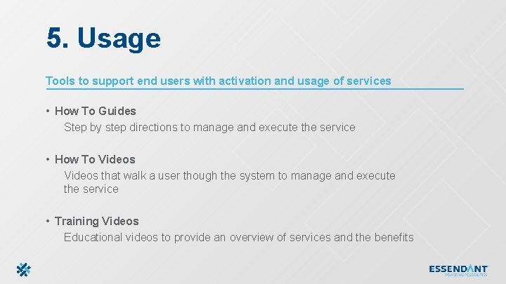 5. Usage Tools to support end users with activation and usage of services •