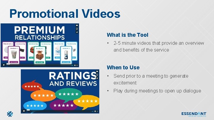 Promotional Videos What is the Tool • 2 -5 minute videos that provide an