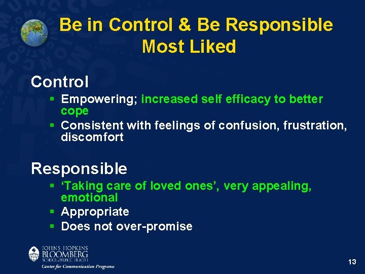 Be in Control & Be Responsible Most Liked Control § Empowering; increased self efficacy