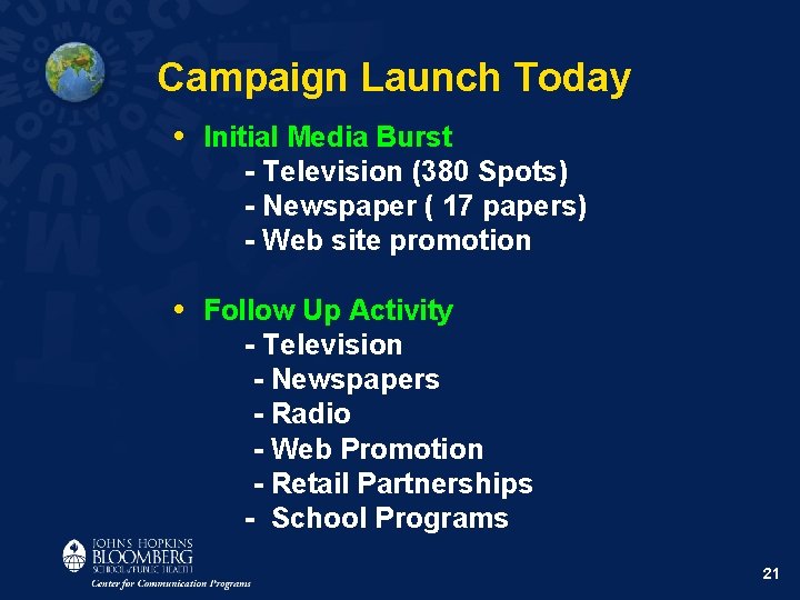 Campaign Launch Today • Initial Media Burst - Television (380 Spots) - Newspaper (