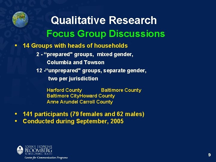 Qualitative Research Focus Group Discussions • 14 Groups with heads of households 2 -