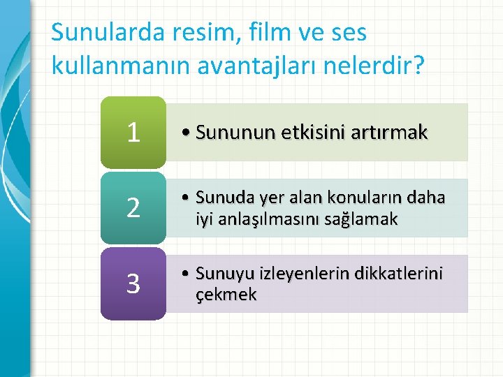 Sunularda resim, film ve ses kullanmanın avantajları nelerdir? 1 • Sununun etkisini artırmak 2