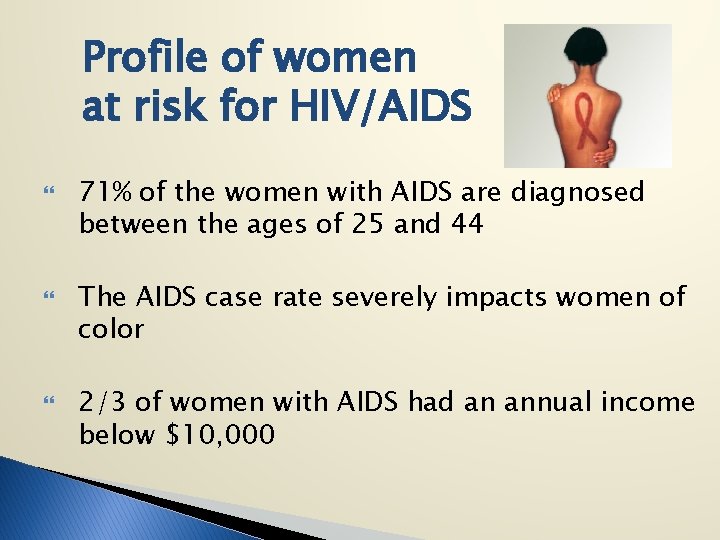 Profile of women at risk for HIV/AIDS 71% of the women with AIDS are