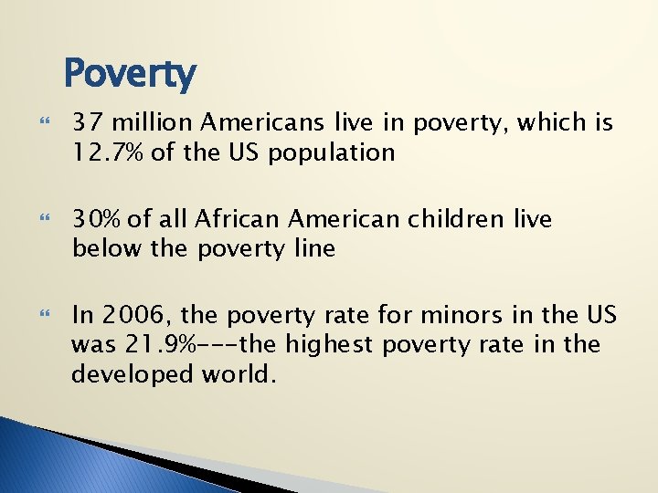 Poverty 37 million Americans live in poverty, which is 12. 7% of the US