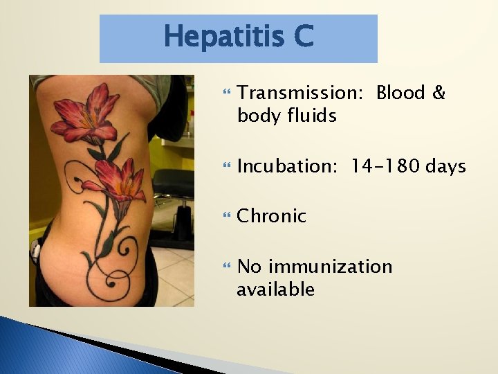 Hepatitis C Transmission: Blood & body fluids Incubation: 14 -180 days Chronic No immunization