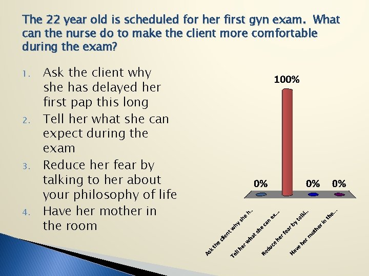 The 22 year old is scheduled for her first gyn exam. What can the