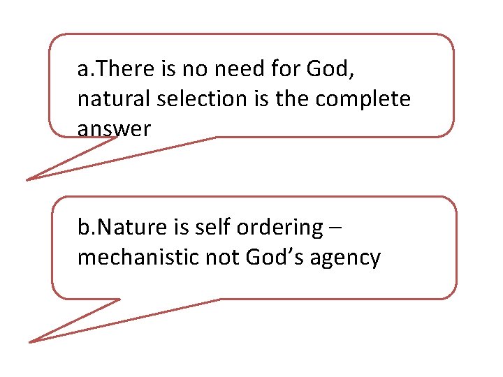 a. There is no need for God, natural selection is the complete answer b.