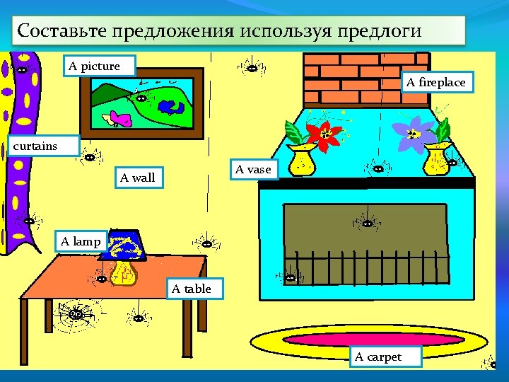 Составьте предложения используя предлоги A picture A fireplace curtains A vase A wall A