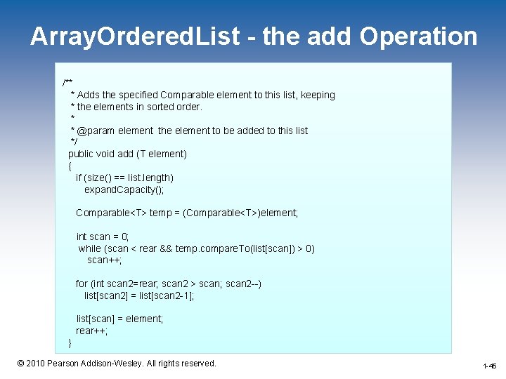 Array. Ordered. List - the add Operation /** * Adds the specified Comparable element