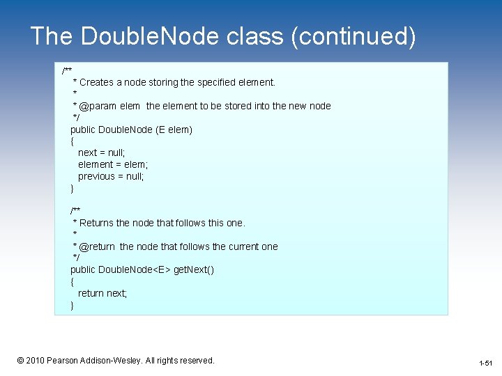 The Double. Node class (continued) /** * Creates a node storing the specified element.