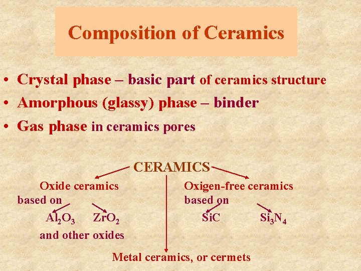 Composition of Ceramics • Crystal phase – basic part of ceramics structure • Amorphous