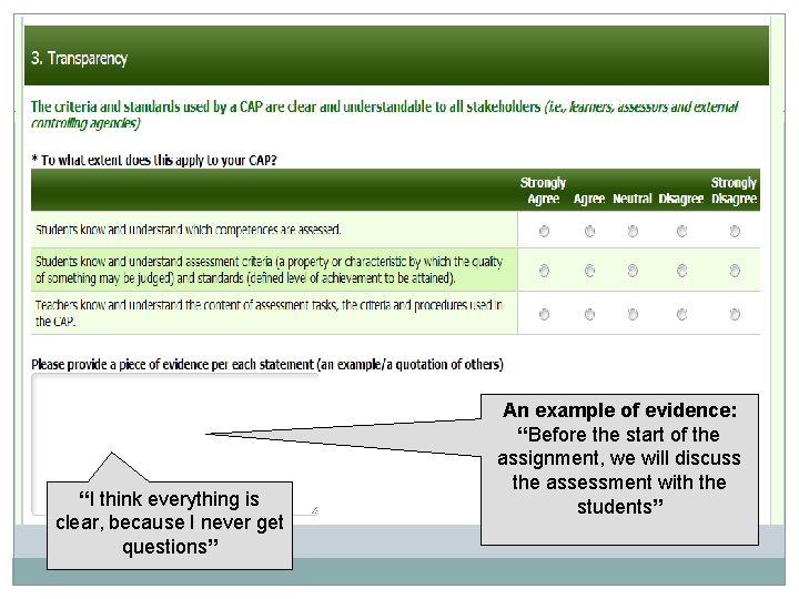 “I think everything is clear, because I never get questions” An example of evidence:
