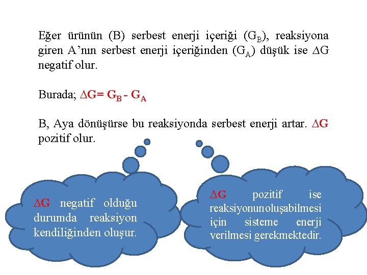 Eğer ürünün (B) serbest enerji içeriği (GB), reaksiyona giren A’nın serbest enerji içeriğinden (GA)