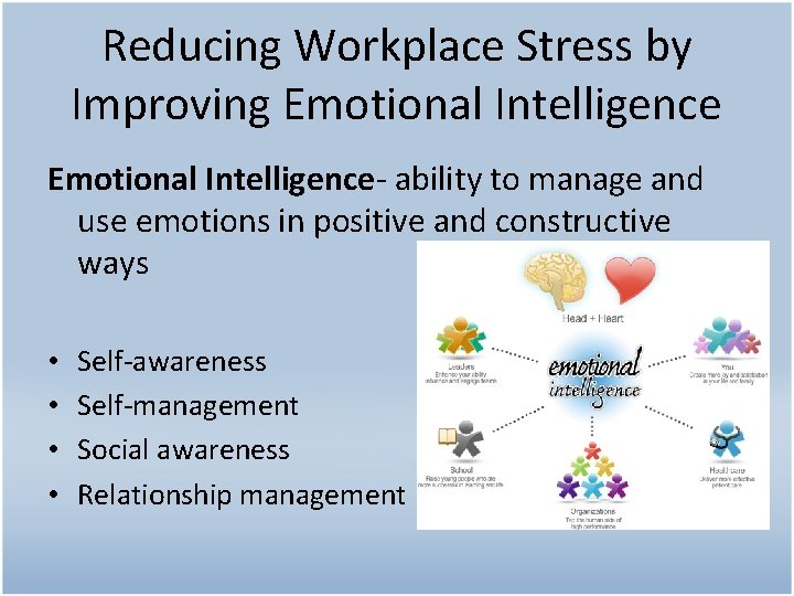 Reducing Workplace Stress by Improving Emotional Intelligence- ability to manage and use emotions in