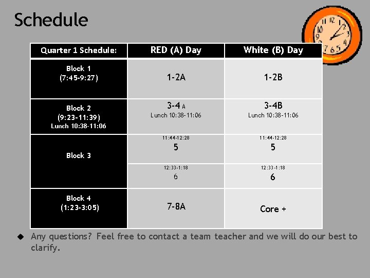 Schedule Quarter 1 Schedule: RED (A) Day White (B) Day Block 1 (7: 45