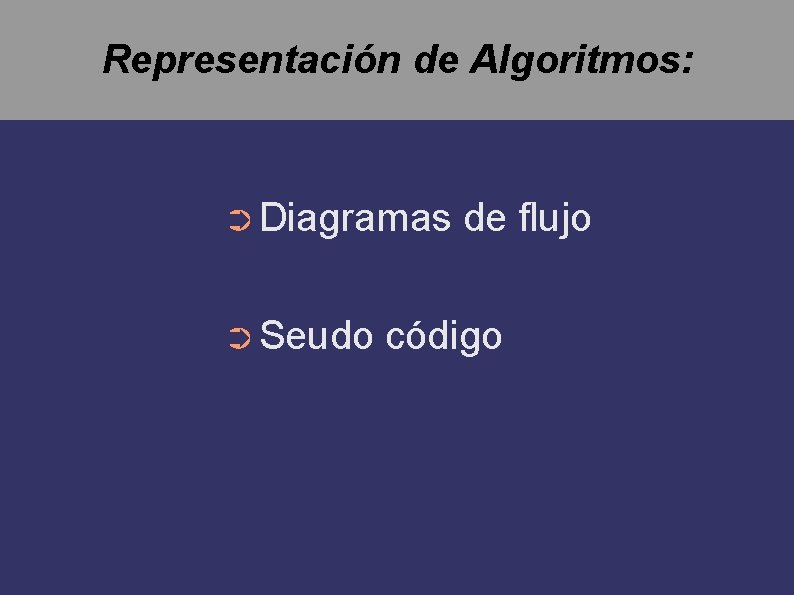 Representación de Algoritmos: ➲ Diagramas ➲ Seudo de flujo código 