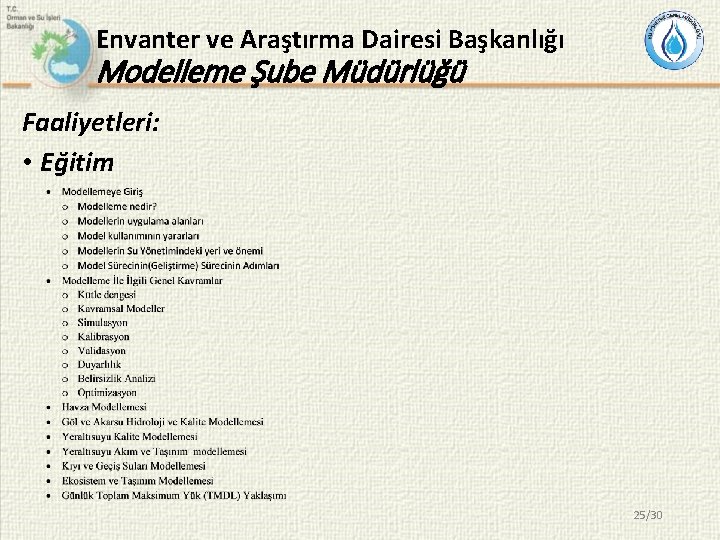 Envanter ve Araştırma Dairesi Başkanlığı Modelleme Şube Müdürlüğü Faaliyetleri: • Eğitim 25/30 