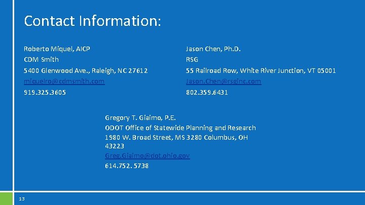 Contact Information: Roberto Miquel, AICP CDM Smith 5400 Glenwood Ave. , Raleigh, NC 27612