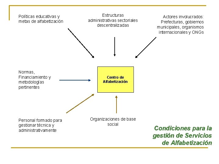 Políticas educativas y metas de alfabetización Normas, Financiamiento y metodologías pertinentes Personal formado para