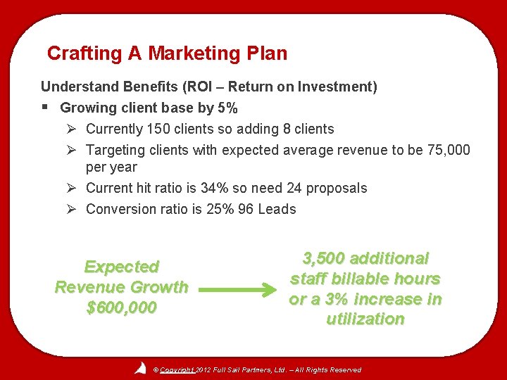 Crafting A Marketing Plan Understand Benefits (ROI – Return on Investment) § Growing client