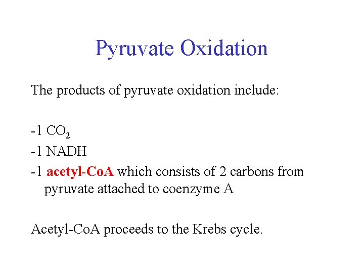 Pyruvate Oxidation The products of pyruvate oxidation include: -1 CO 2 -1 NADH -1