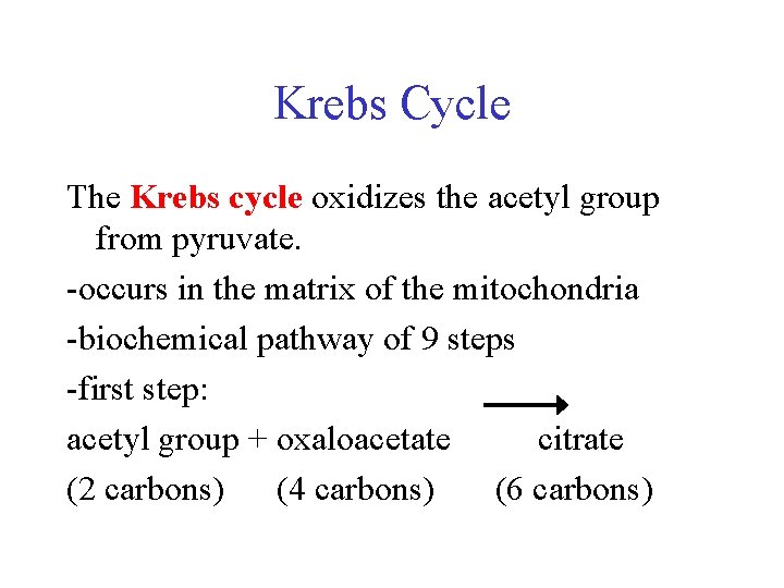 Krebs Cycle The Krebs cycle oxidizes the acetyl group from pyruvate. -occurs in the